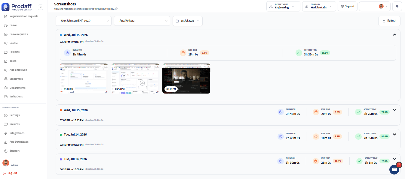 Prodaff screenshots view showing captured activity throughout the day.