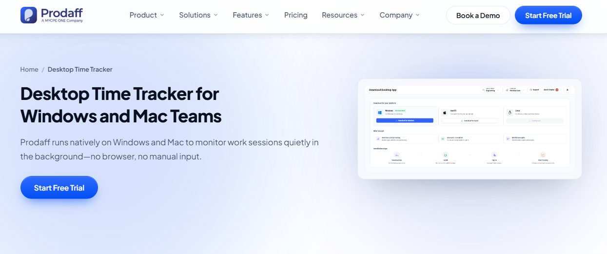 Prodaff desktop time tracker homepage for Windows and Mac teams
